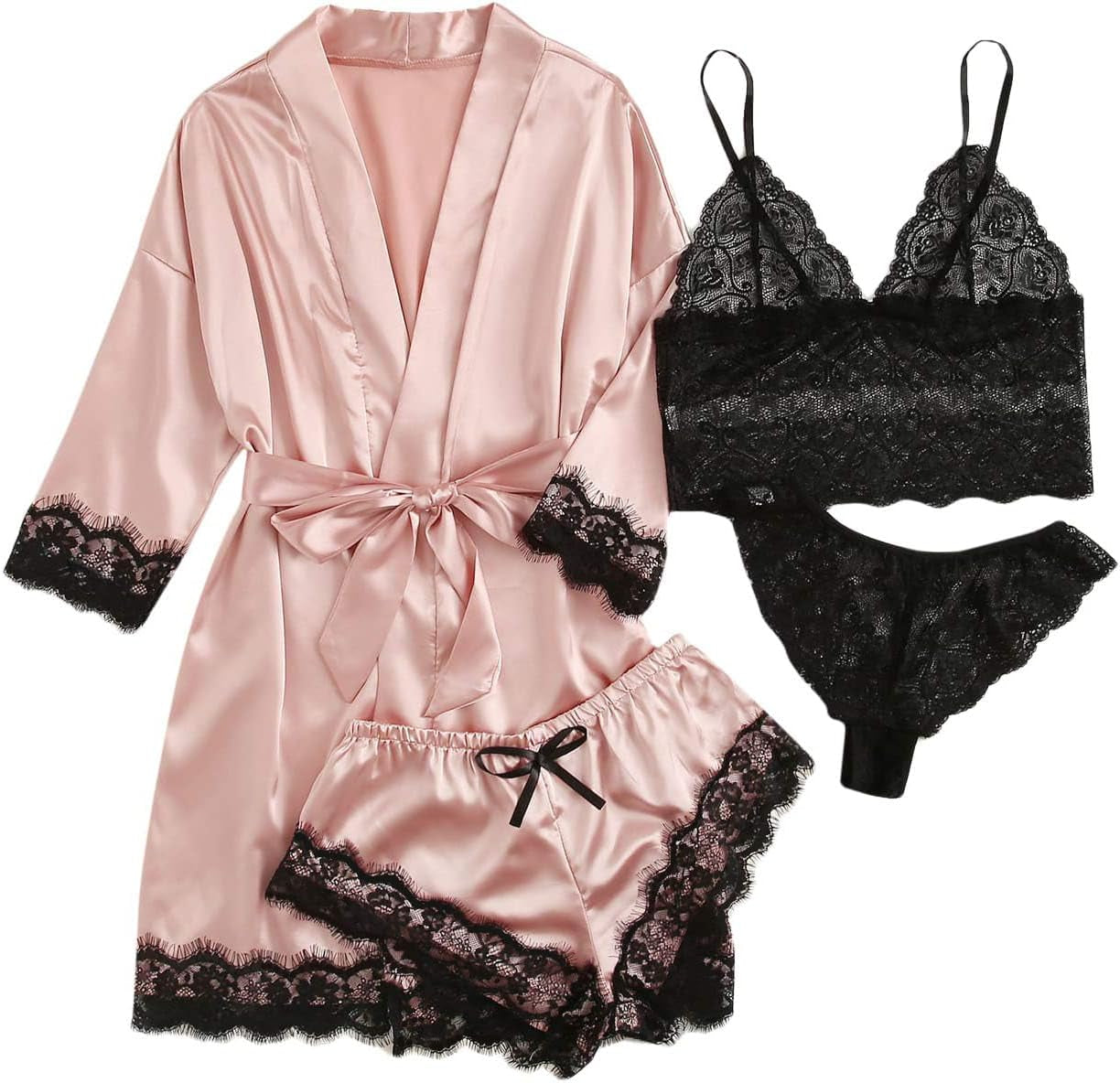 SOLY HUX Women's Satin Pajama Set with Lace Trim – 4-Piece Sleepwear & Robe