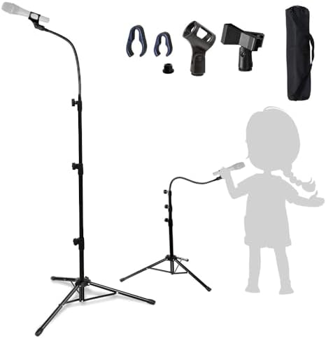 Adjustable Boom Microphone Stand with Flexible Gooseneck, Foldable Tripod Base, and Dual Mic Clips – Black