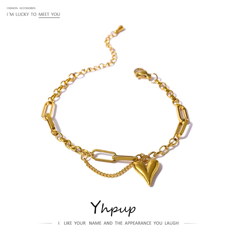 Pulsera con dije de corazón bañada en oro para mujer: cadena de eslabones de acero inoxidable moderna con cierre de langosta