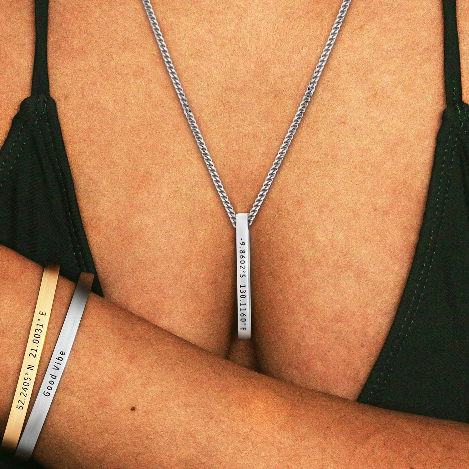 Custom Engraved Bar Necklace & Bracelet Set – Personalized Stainless Steel Jewelry Gift for Men & Women