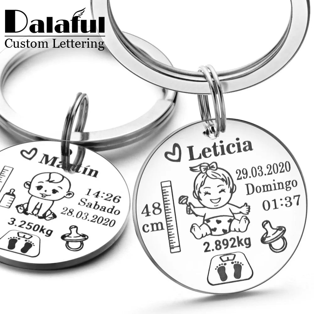 Personalized Stainless Steel Name Keychain – Custom Engraved Birth Details Keepsake for Baby, Family & Loved Ones