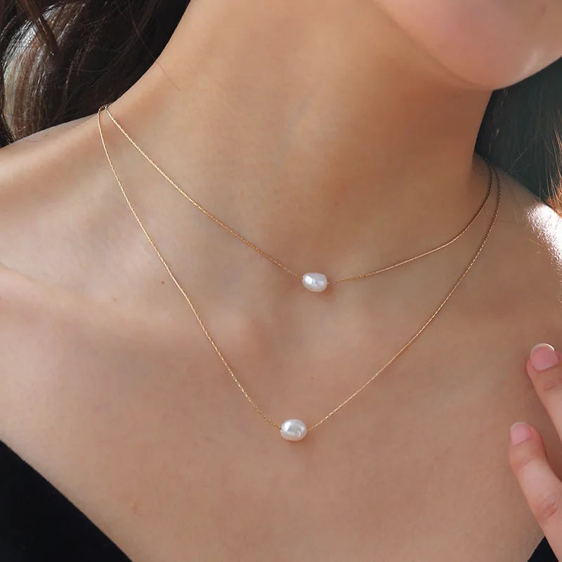 2-Layer Freshwater Pearl Choker Necklace – Stainless Steel Chain with Oval Pearl Charms