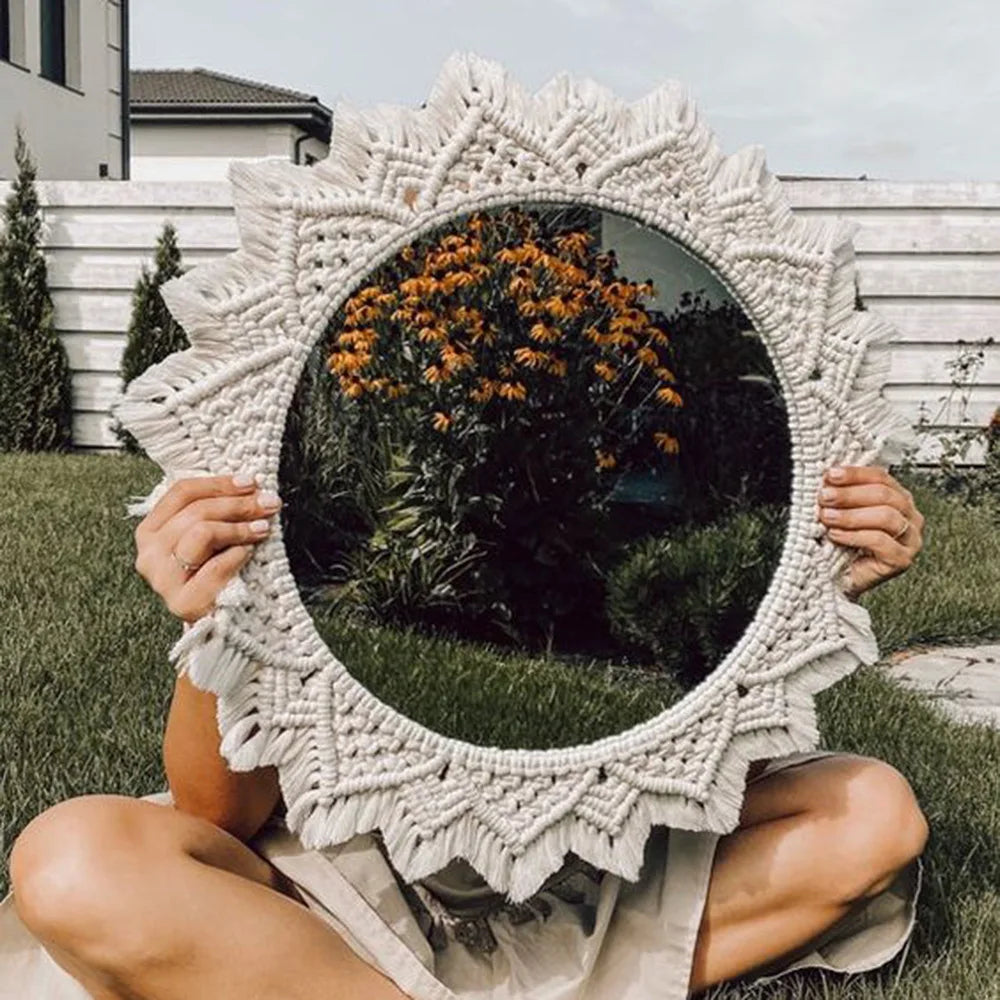 Boho Macrame Wall Mirror — Round Decorative Mirror with Handwoven Cotton Fringe for Home Décor