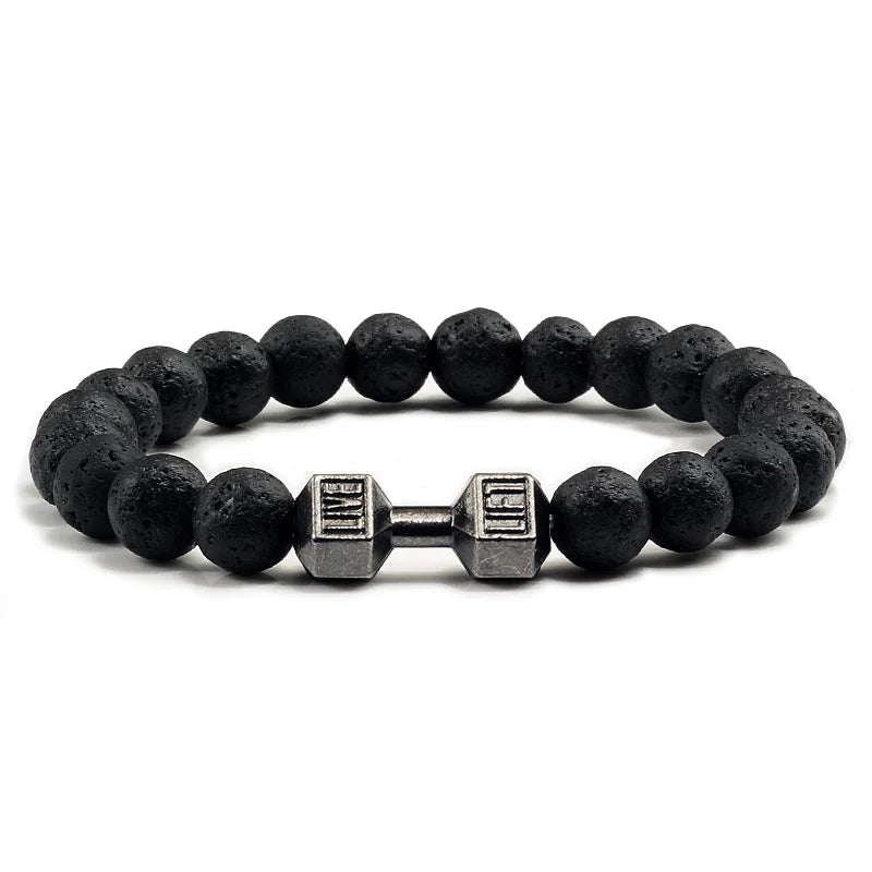 Pulsera de piedra volcánica natural para hombre, cuentas de lava negra mate y blanca, pulseras con abalorios con mancuernas, joyería de fitness con barra para mujer