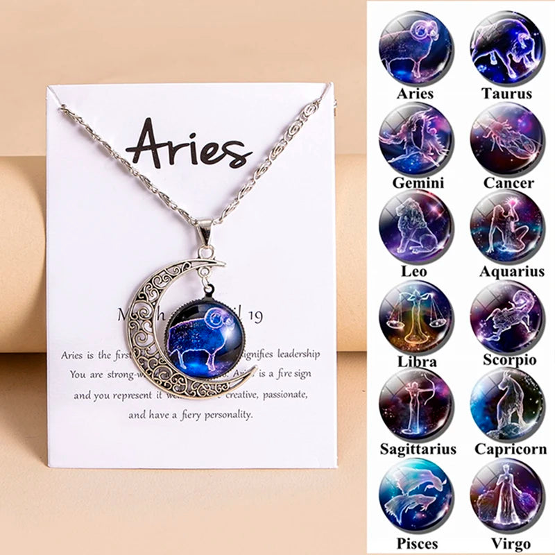 Zodiac Moon Pendant Necklace – Vintage Glass Galaxy Jewelry for Women