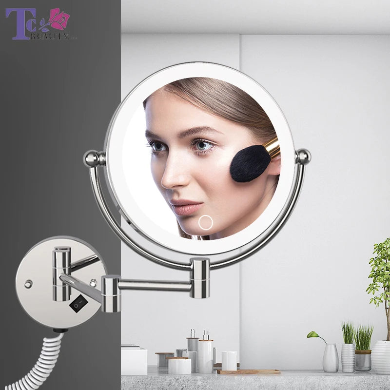 Wall-Mounted LED Makeup Mirror with 5X Magnification – Adjustable Touch Dimming Mirror