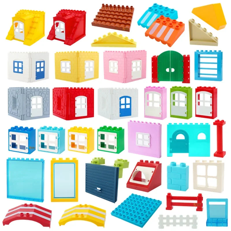 Large Building Block House Set - Doors, Windows & Roof Accessories for Creative Construction Play