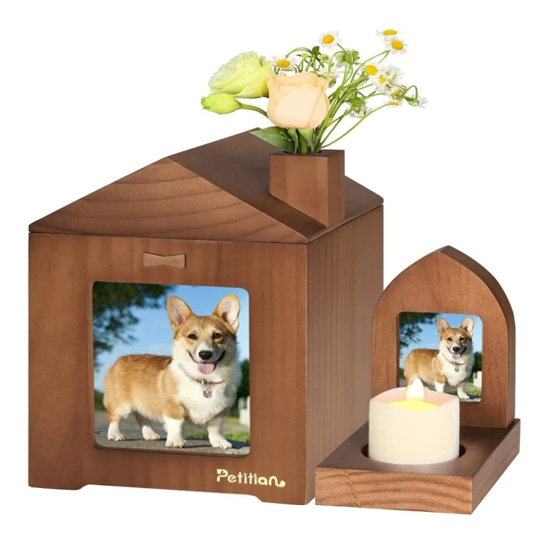 Wooden Pet Memorial Urn with Photo Frame - Cremation Keepsake Box for Dogs & Cats