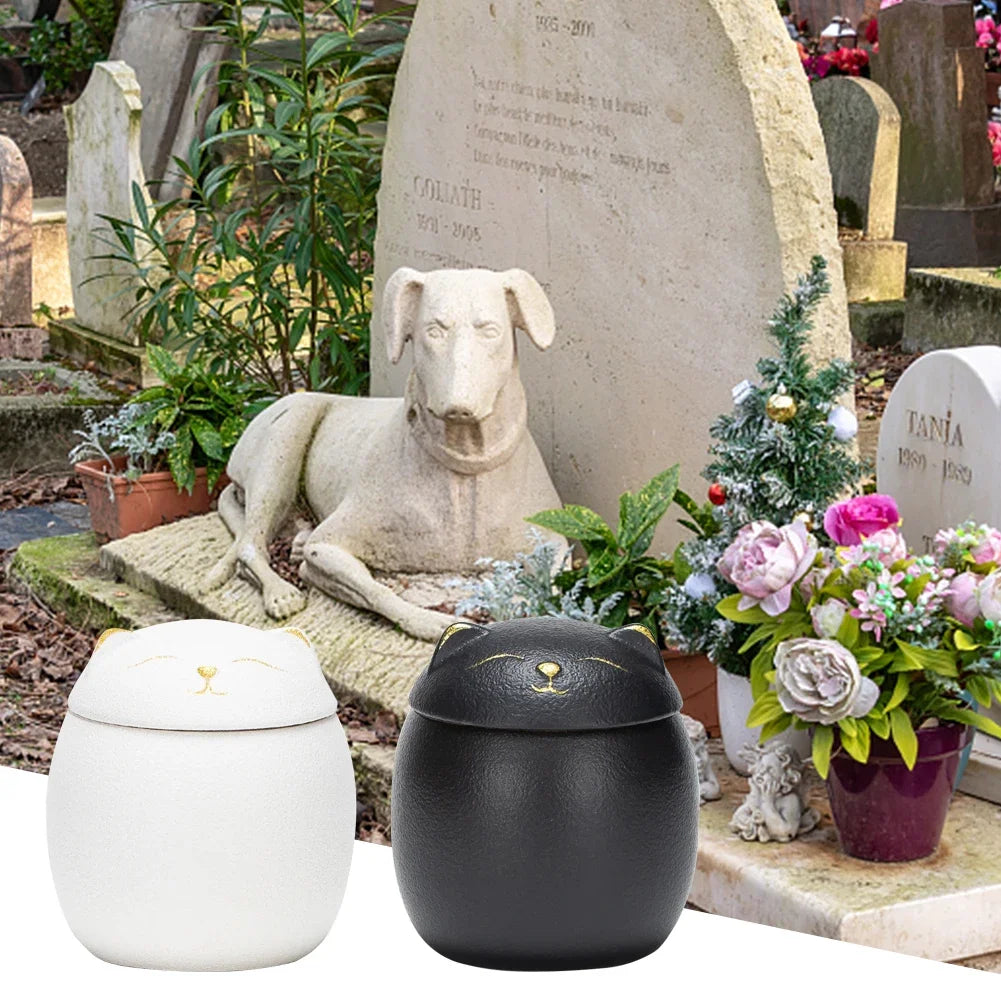 Ceramic Cat Memorial Urn - Pet Ashes Keepsake with Sealed Lid (200ml Capacity)