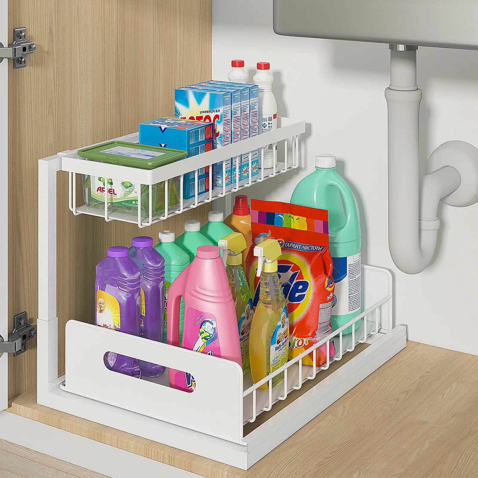 2-Tier Under Sink Storage Organizer – Space-Saving Pull-Out Cabinet Rack