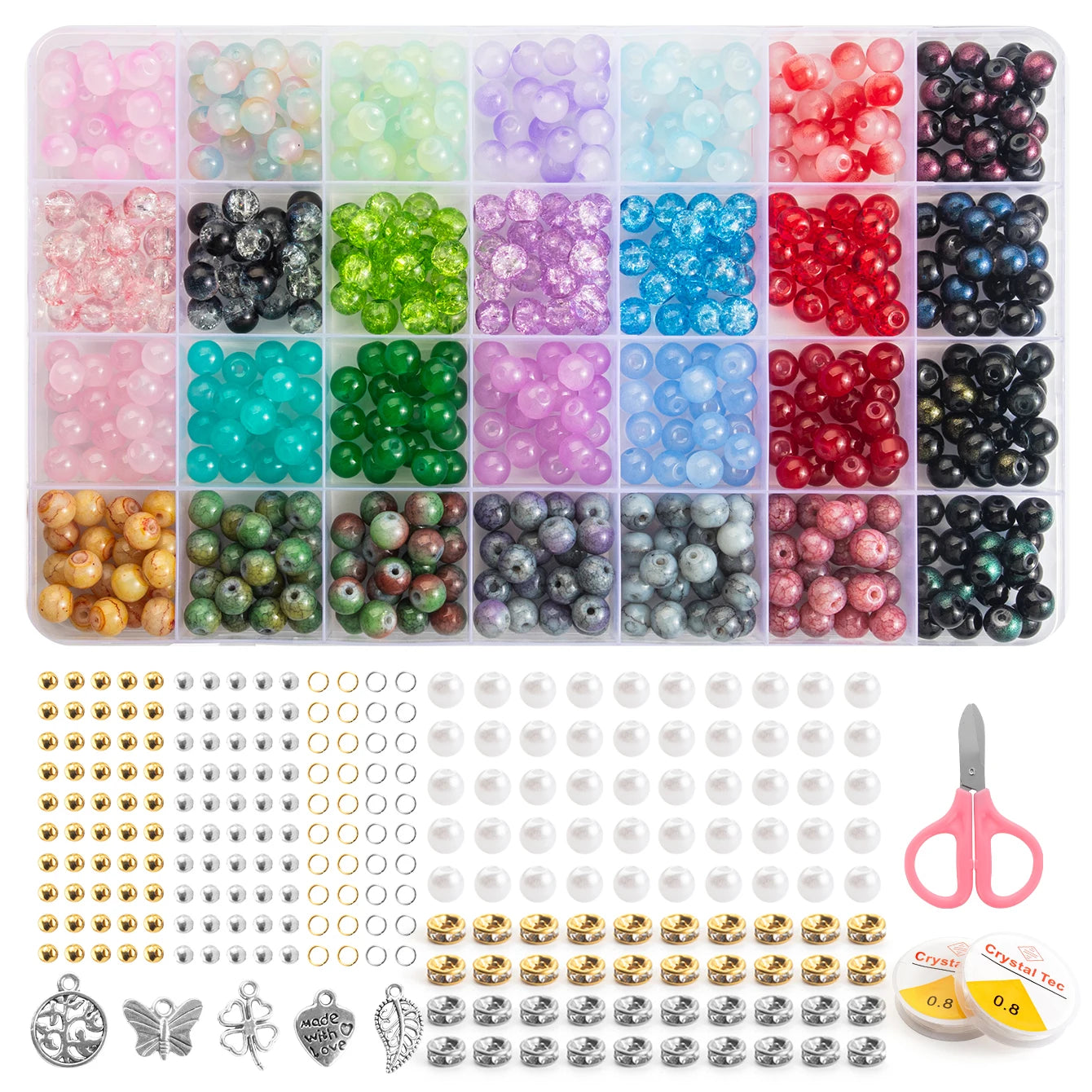 28-Color Glass Beads DIY Jewelry Making Kit – 8mm Round Crystal Beads with Accessories