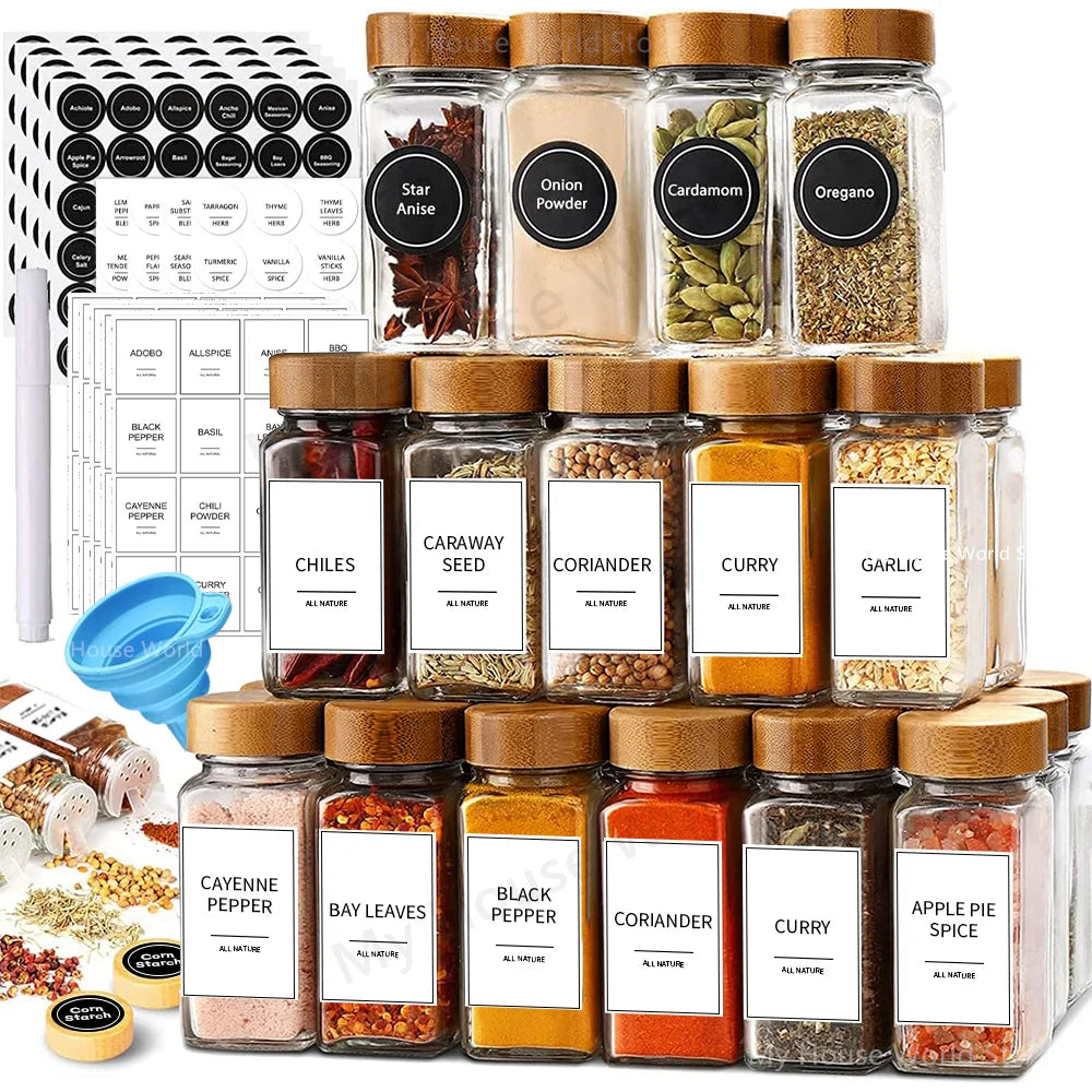 13-Piece Glass Spice Jar Set – 4oz Bamboo Lid Containers with Shaker Tops & Labels
