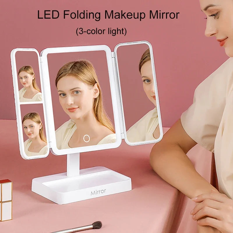 Tri-Fold LED Makeup Mirror with 3 Lighting Modes & 2X/3X Magnification