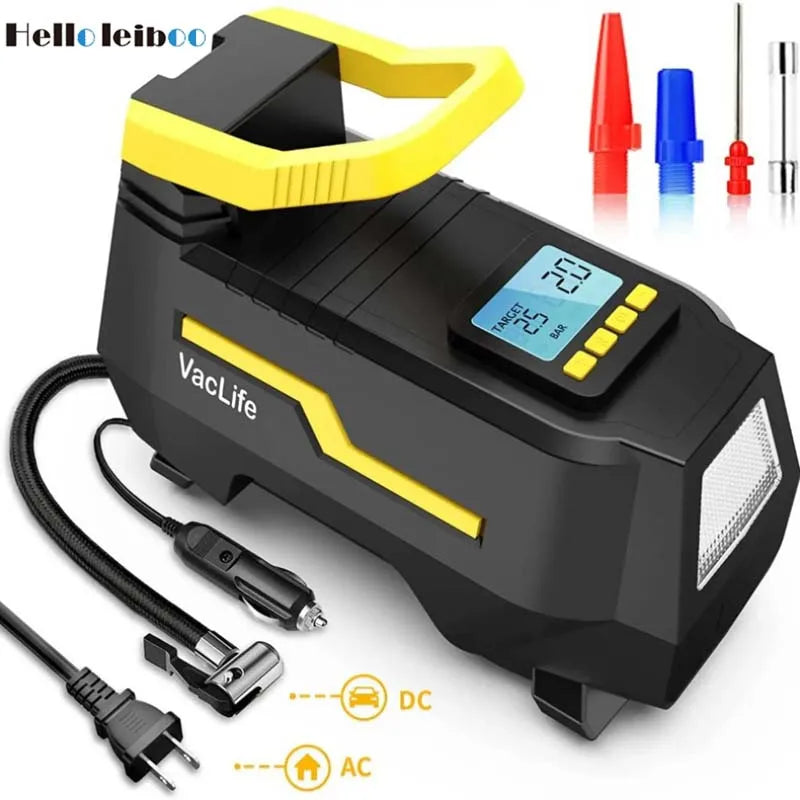 High-Power Portable Air Compressor Pump with Digital Pressure Gauge & LED Light for Car and Home
