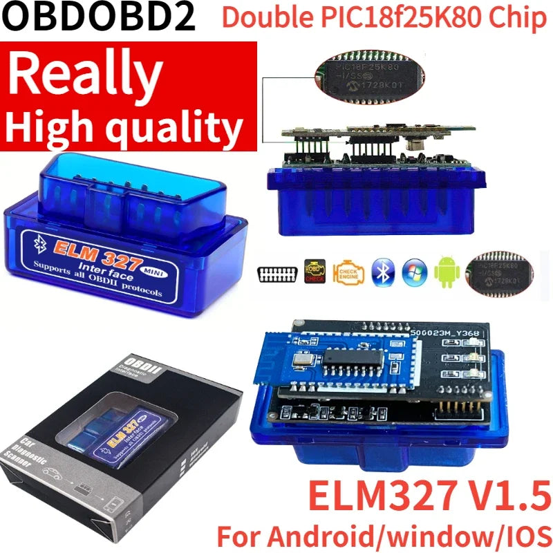 ELM327 V1.5 Bluetooth 5.1 OBD2 Scanner with Dual PCB & PIC18F25K80 Chip – Car Diagnostic Tool for Android & iOS