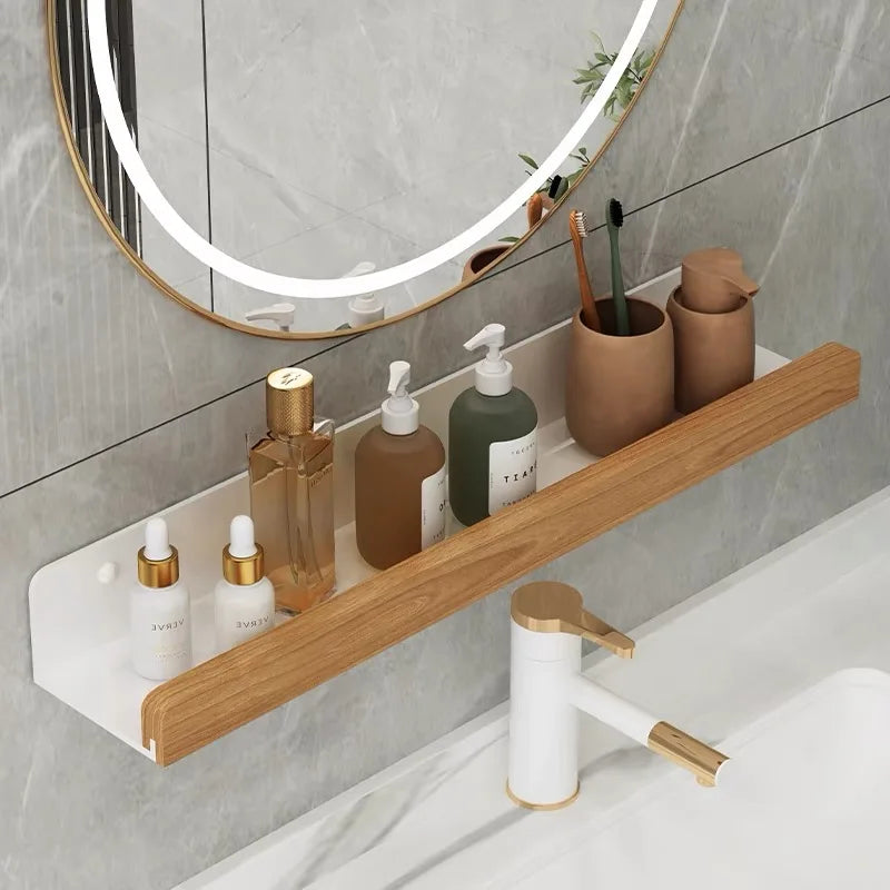 Wall-Mounted Wooden Bathroom Shelf – Punch-Free Floating Storage Rack for Organized Spaces