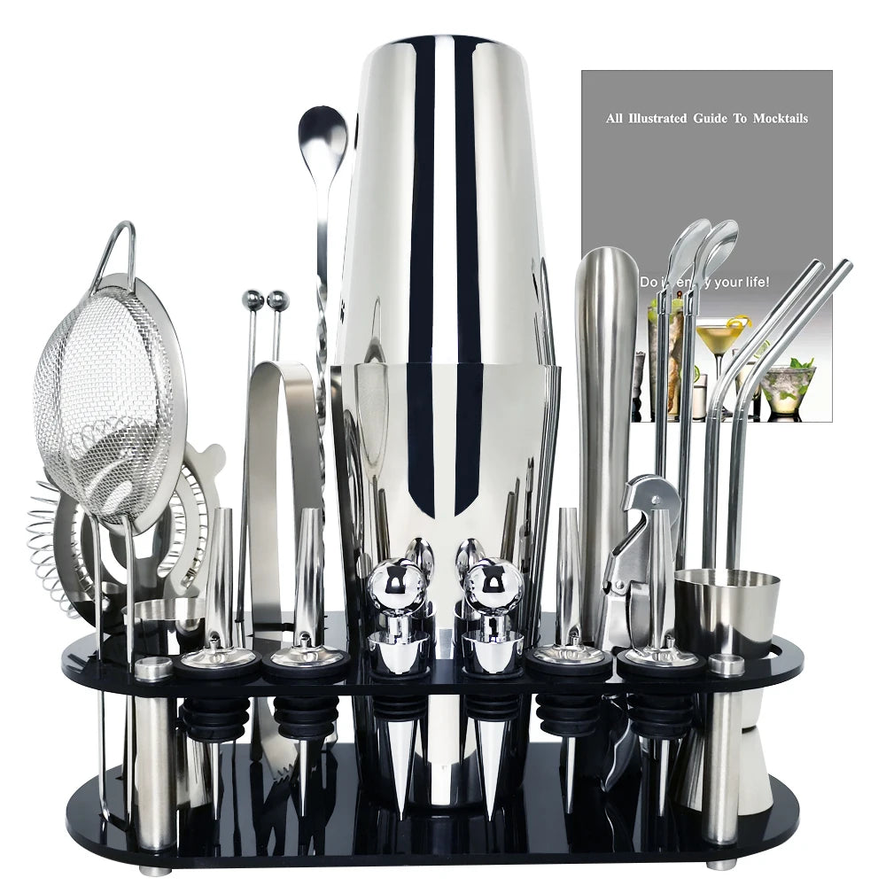 Professional Boston Cocktail Shaker Set – 18-Piece Stainless Steel Bar Kit with Stand