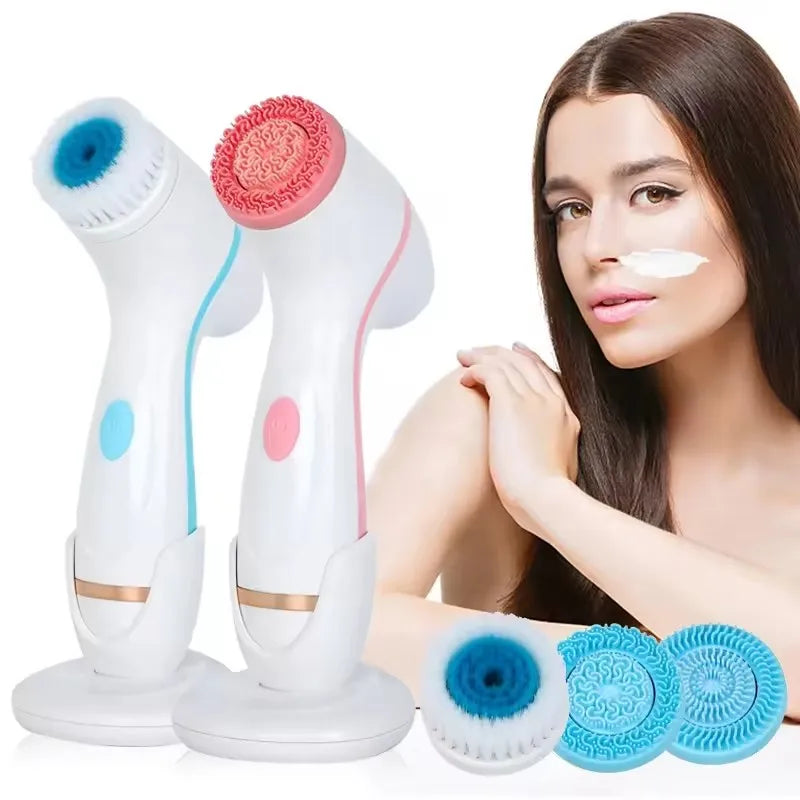 Electric Facial Cleansing Brush with Sonic Vibration & 3 Interchangeable Heads