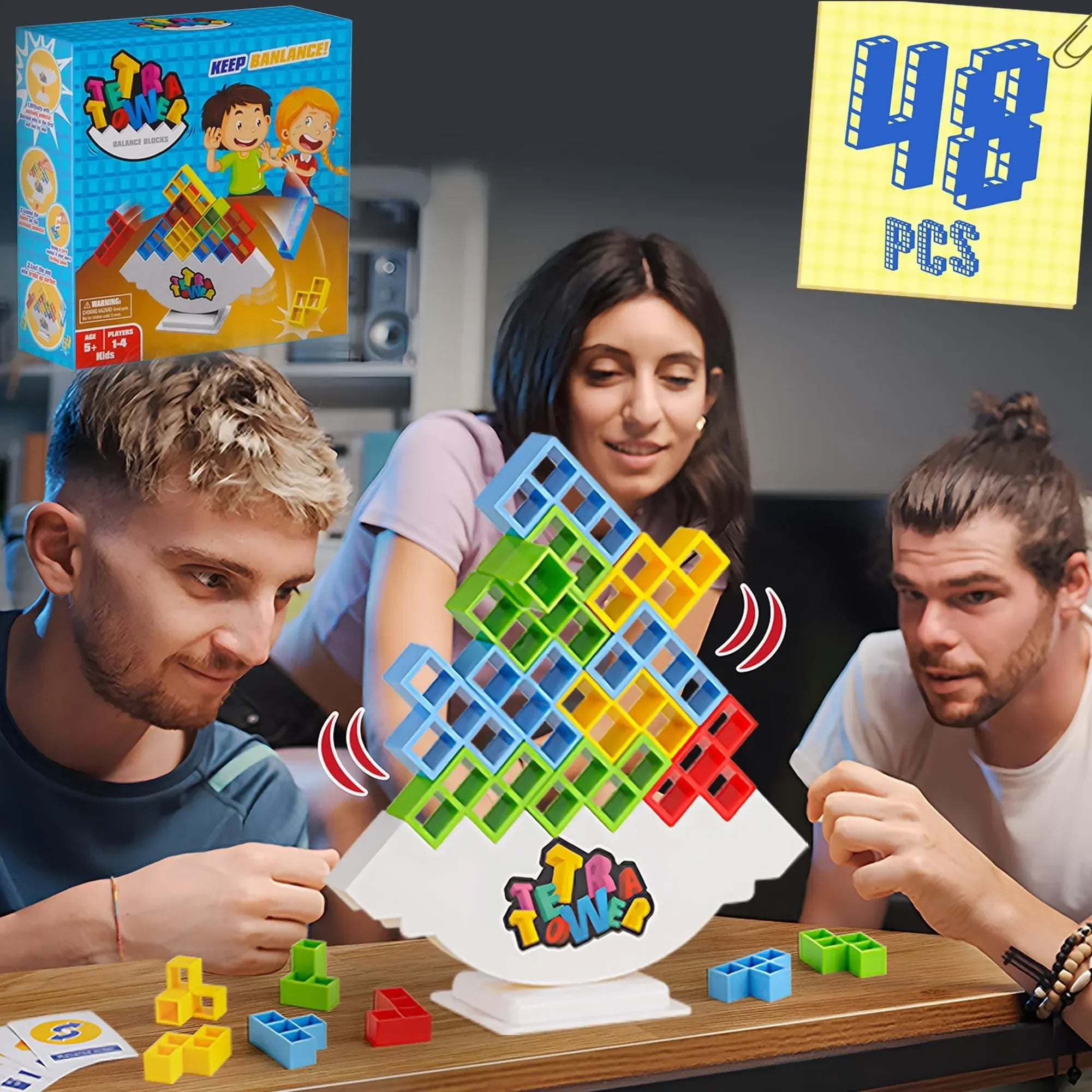 Tetra Tower Balance Stacking Game - 48-Piece Family Board Game for Kids & Adults
