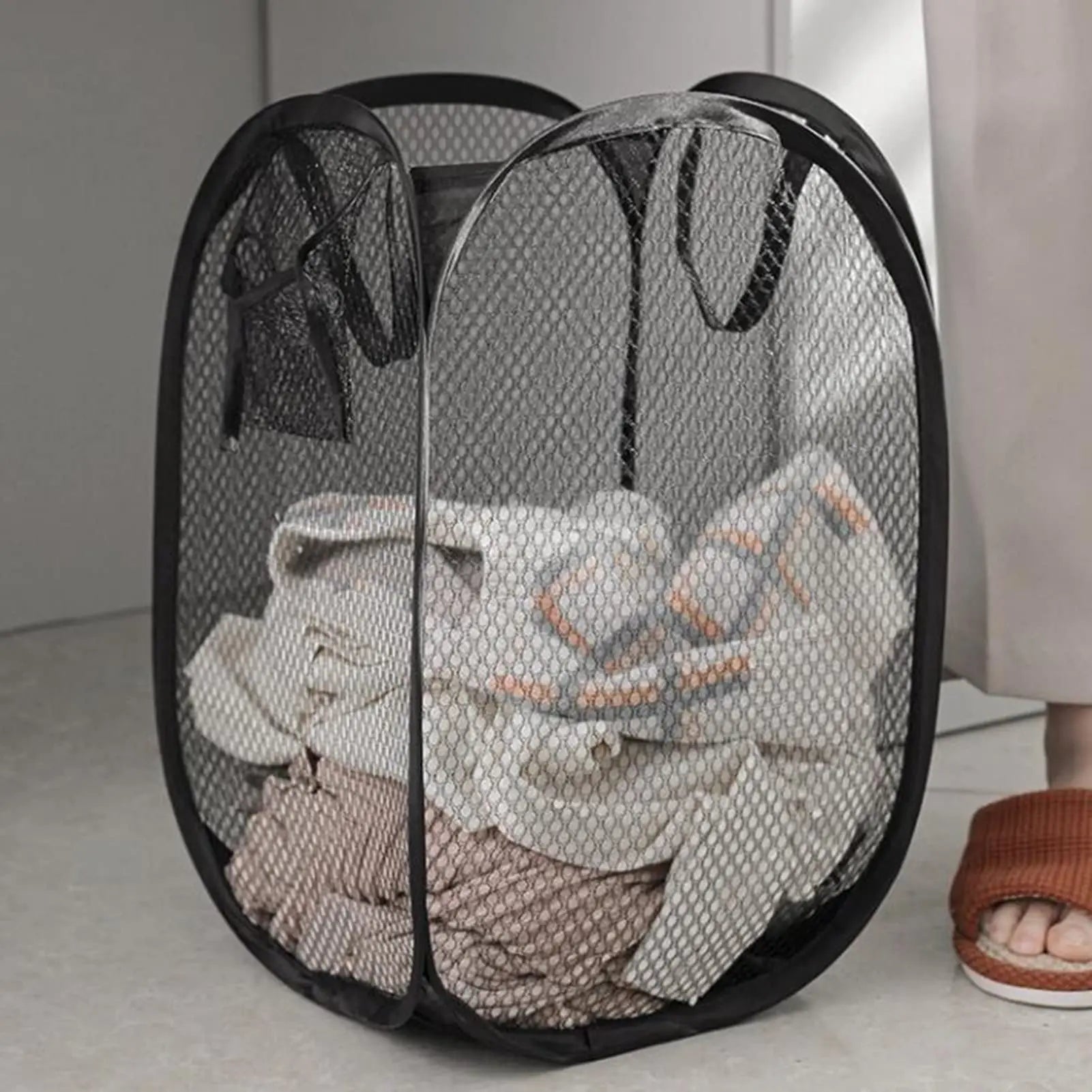 Folding Laundry Basket – Mesh Storage Bag & Clothes Organizer