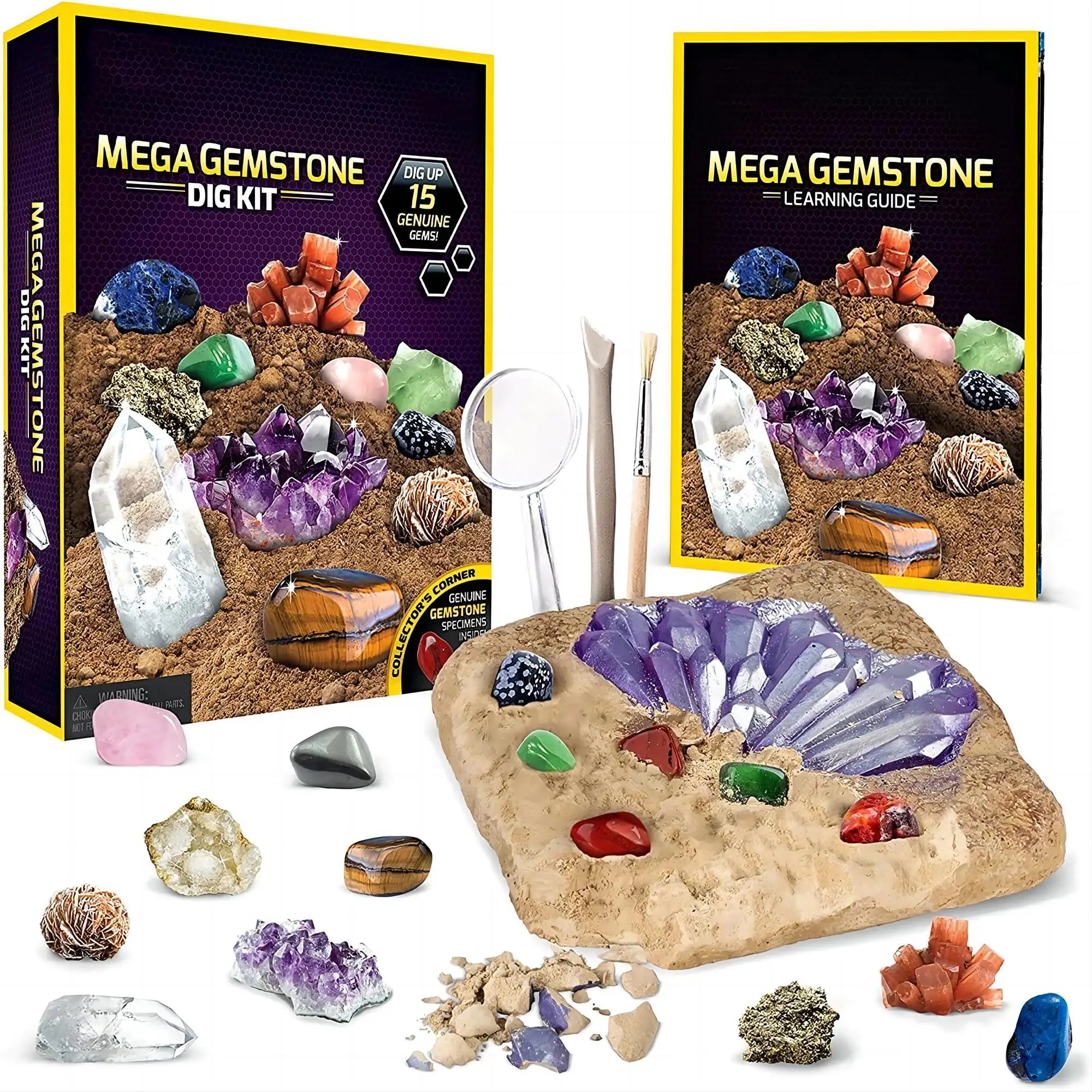 STEM Gemstone Dig Kit - Excavate 15 Real Crystals with Educational Mining Toy Set