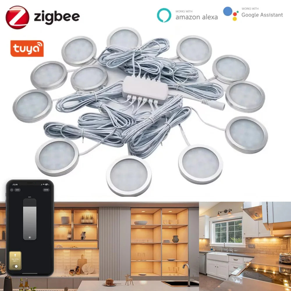 Smart Zigbee LED Puck Lights – Dimmable Under Cabinet Lighting for Kitchen & Closet