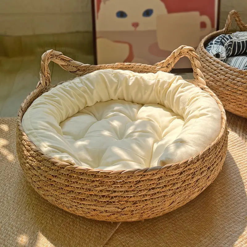 Handwoven Rattan Cat Bed with Cushion - Breathable Round Pet Bed (3 Sizes)