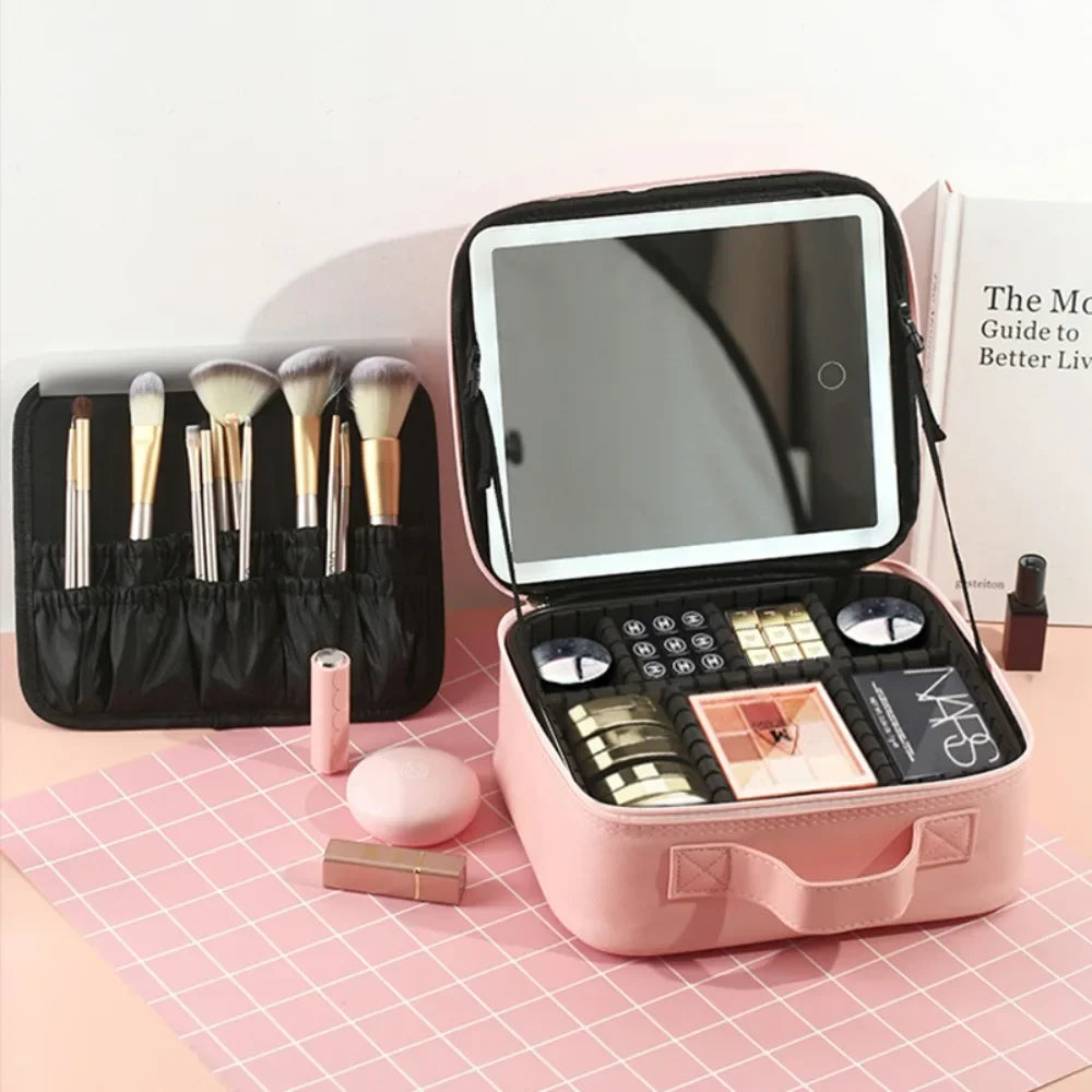 LED Illuminated Makeup Travel Bag with Mirror – Waterproof Cosmetic Organizer & Charging Port