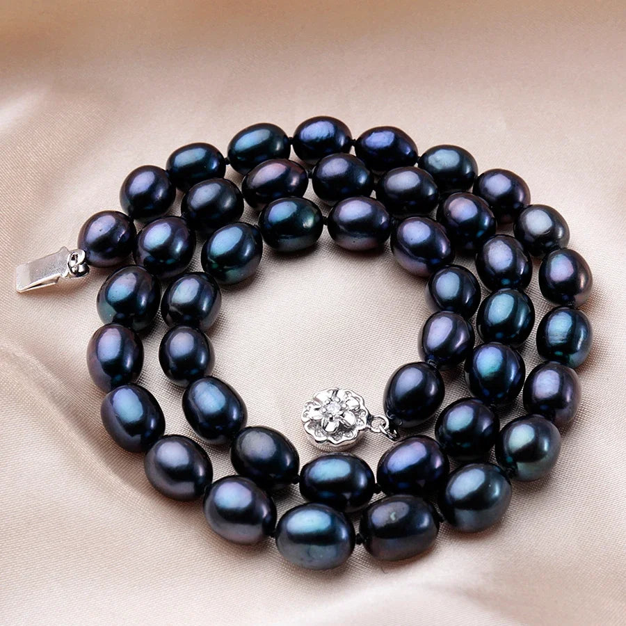 Elegant Black Freshwater Pearl Necklace with 925 Sterling Silver Flower Clasp