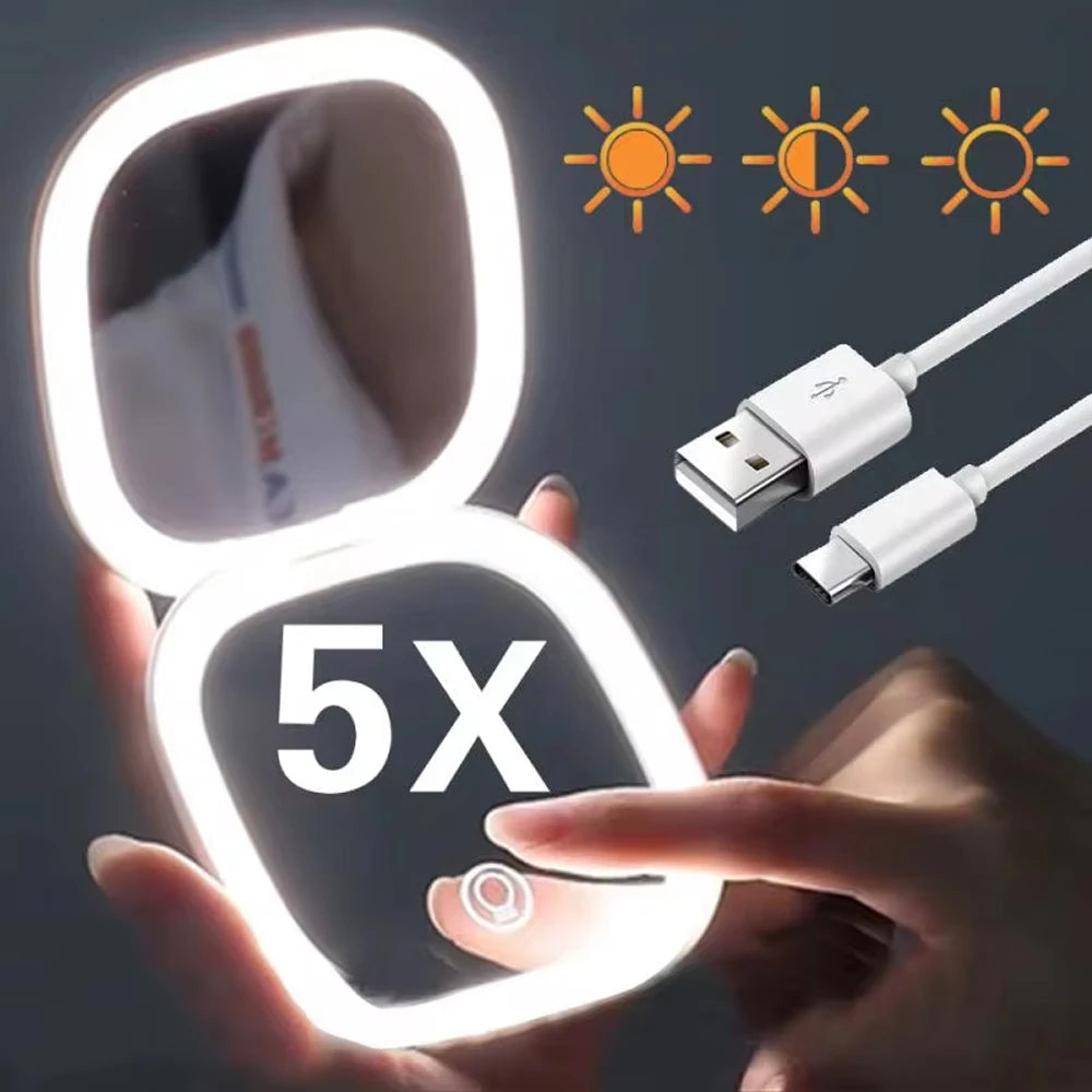 2-Sided LED Makeup Mirror with Light – 5X Magnifying & 3 Color Modes, USB Rechargeable