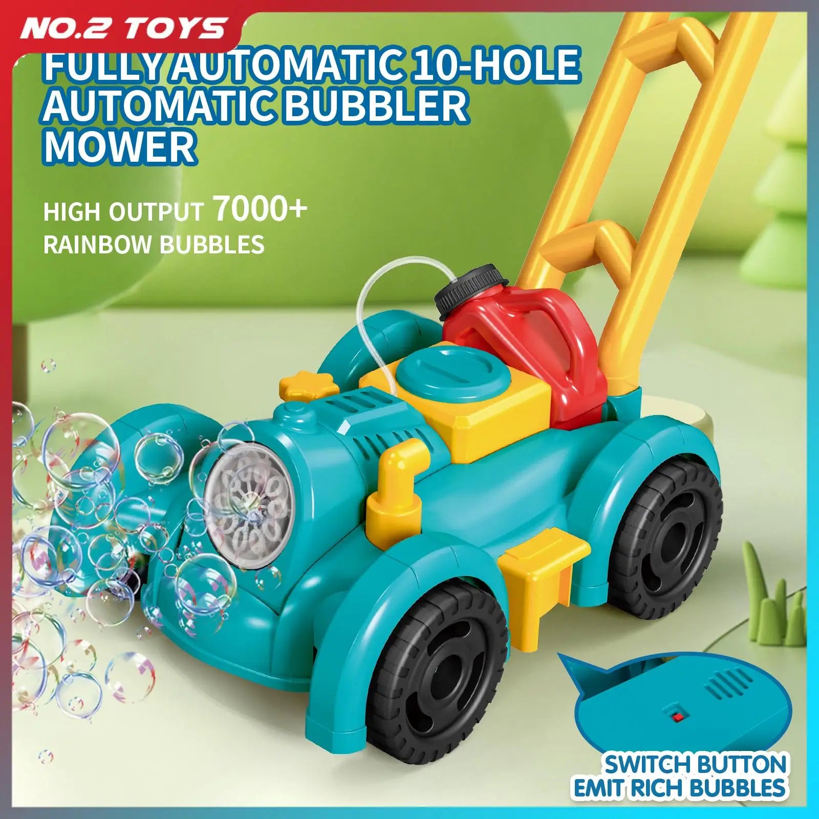 Electric Mower Trolley Bubble Machine – High-Speed Rainbow Bubble Gun for Kids
