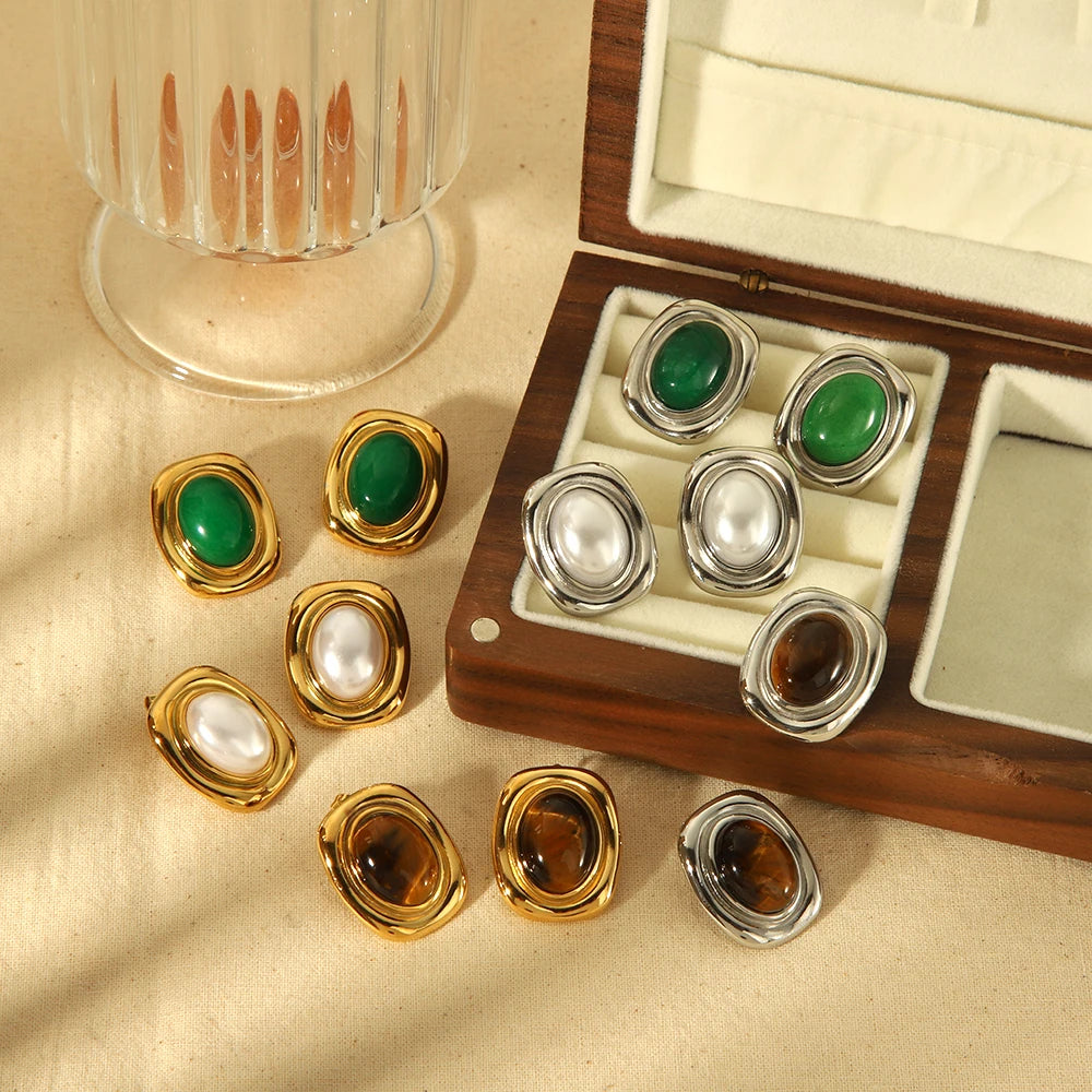 Declaración de nuevos productos Pendientes de ojo de tigre con piedra natural Pendientes de perlas de acero inoxidable chapados en oro a prueba de agua para mujer