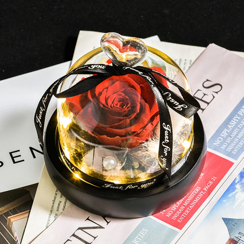 Eternal Rose in Glass Dome with LED Lights - Preserved Flower Gift for Women