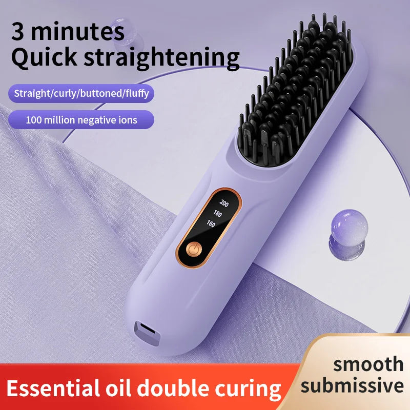 Wireless Electric Hair Straightening Brush – Portable USB Rechargeable Styling Comb with LCD & Negative Ion Technology
