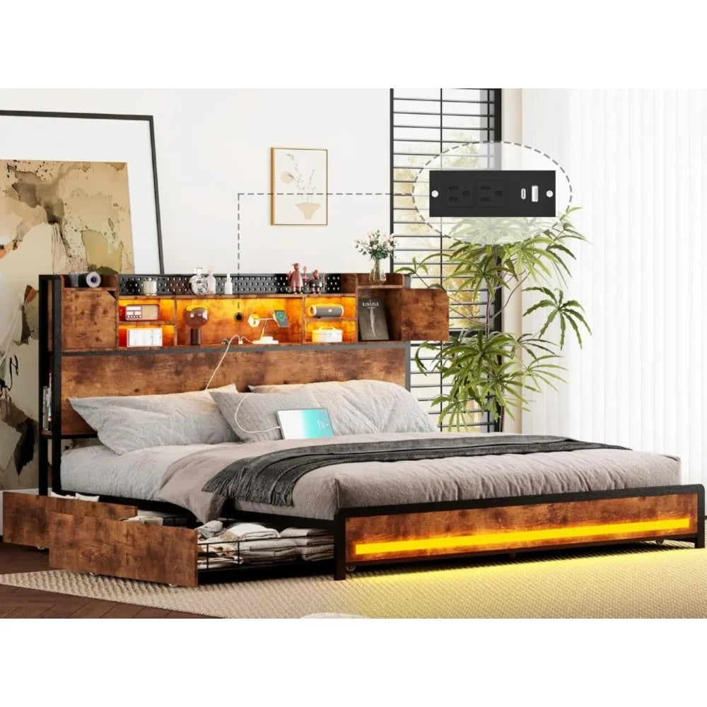 Queen Bed Frame with Storage & LED Lights – Built-in Power Strip & USB Charging