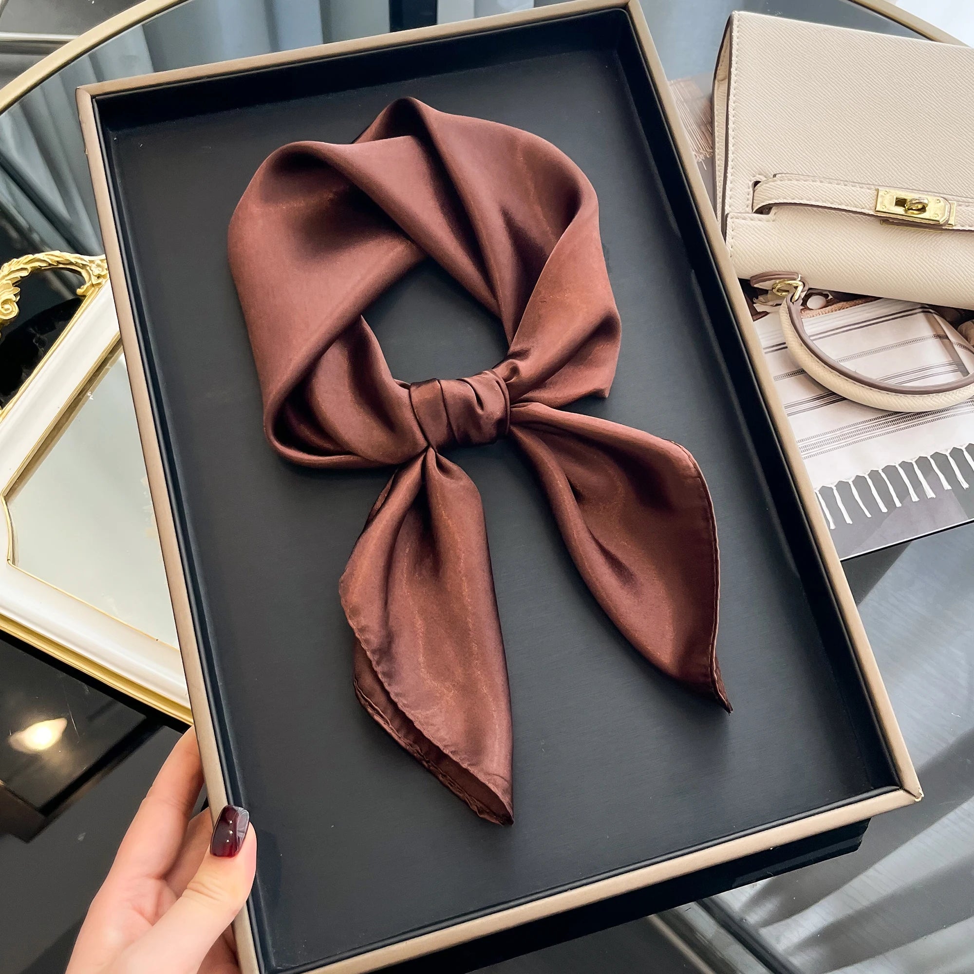 60cm Solid Color Silk Satin Neckerchief – Elegant Hijab Scarf for Women