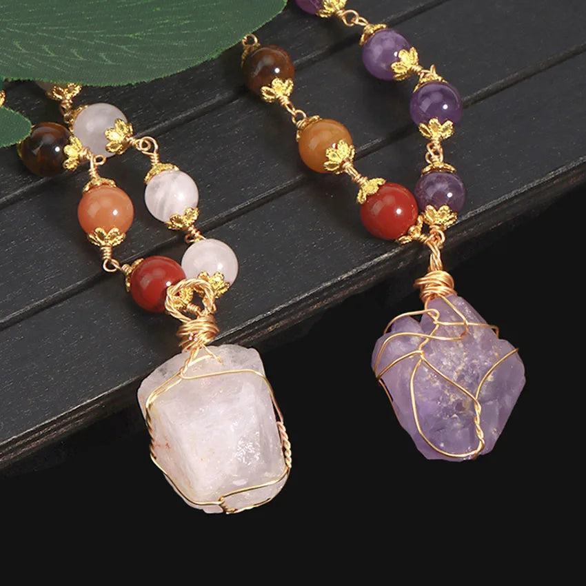 Natural Crystal Stone Pendant Necklace – Amethyst, Quartz & Aquamarine Healing Jewelry