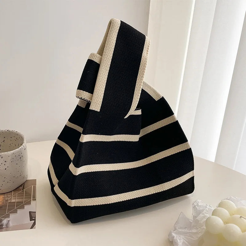 Handmade Knitted Stripe Bucket Tote Bag – Casual Mini Shoulder Bag for Women