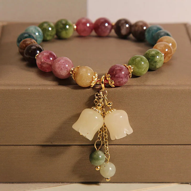 Adjustable Beaded Bracelet with Lotus Flower Charm – Trendy Natural Stone & Resin Bracelet for Women