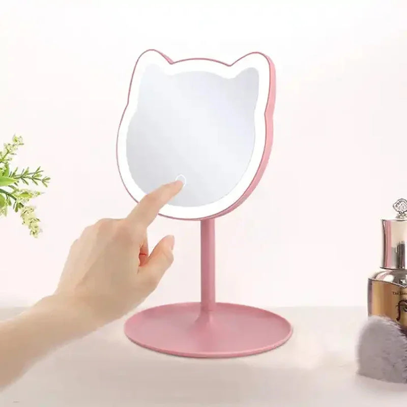 Portable LED Makeup Mirror with Cartoon Cat Design – Illuminated Cosmetic Mirror for Home & Travel