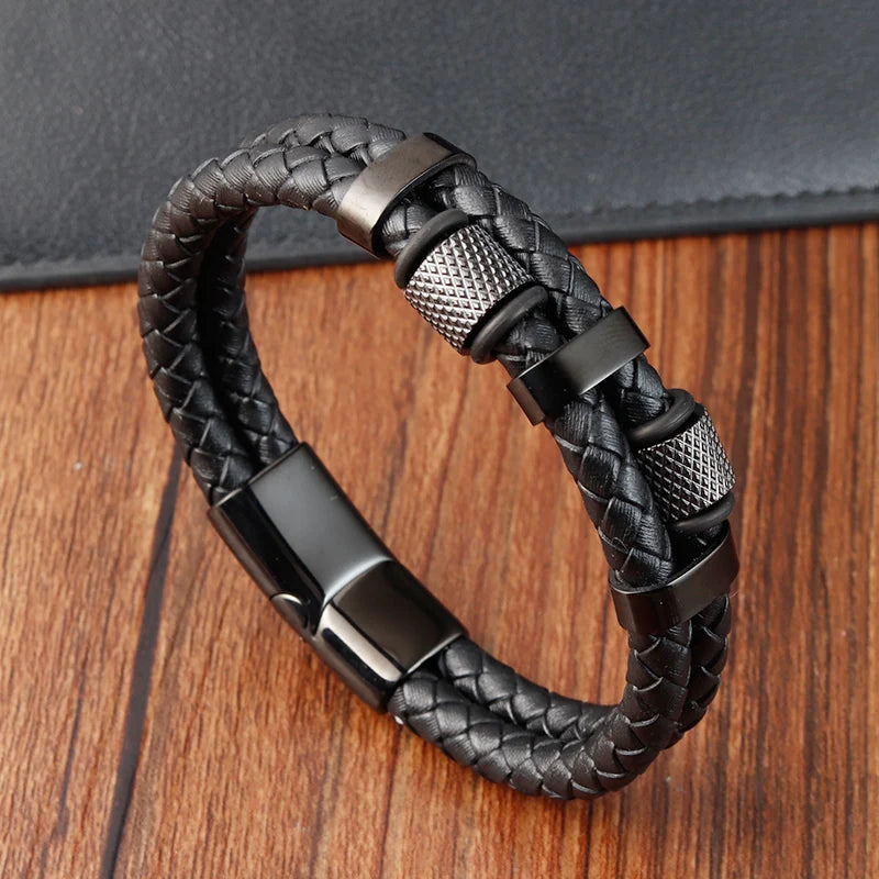 Men’s Leather Magnetic Clasp Bracelet – Trendy Rope Chain Charm Accessory