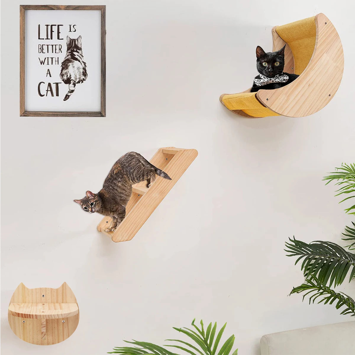 Wall-Mounted Cat Shelf with Hammock – Wooden Climbing Perch and Scratching Post for Indoor Cats