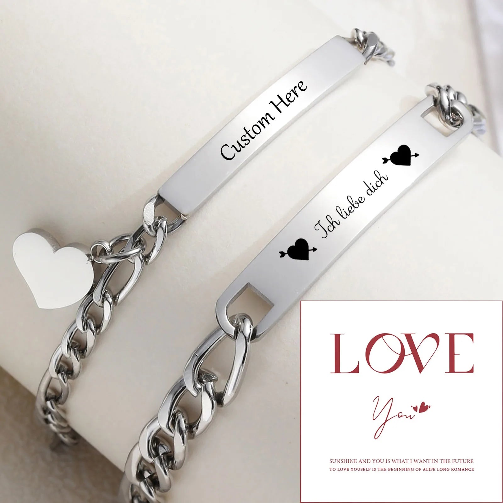 Personalized Stainless Steel Name Bracelet for Couples – Custom Heart Link Chain Jewelry Gift