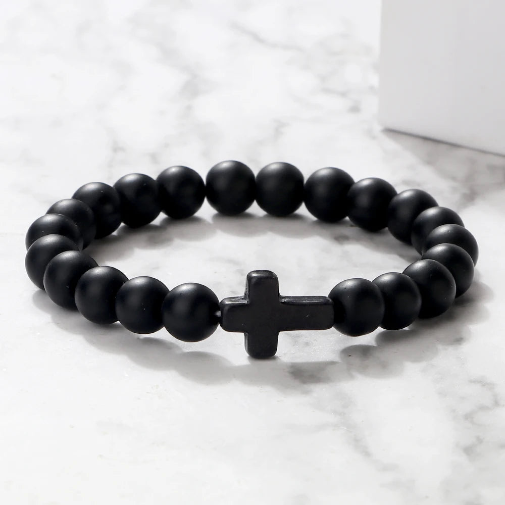 Natural Stone Cross Beaded Bracelet – Unisex Handmade Lava Rock Prayer Jewelry