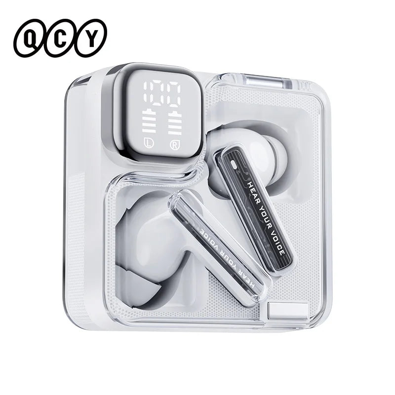 Wireless Bluetooth 5.3 Earbuds with LED Display, Dual Connection & ENC Mic – Transparent TWS Earphones