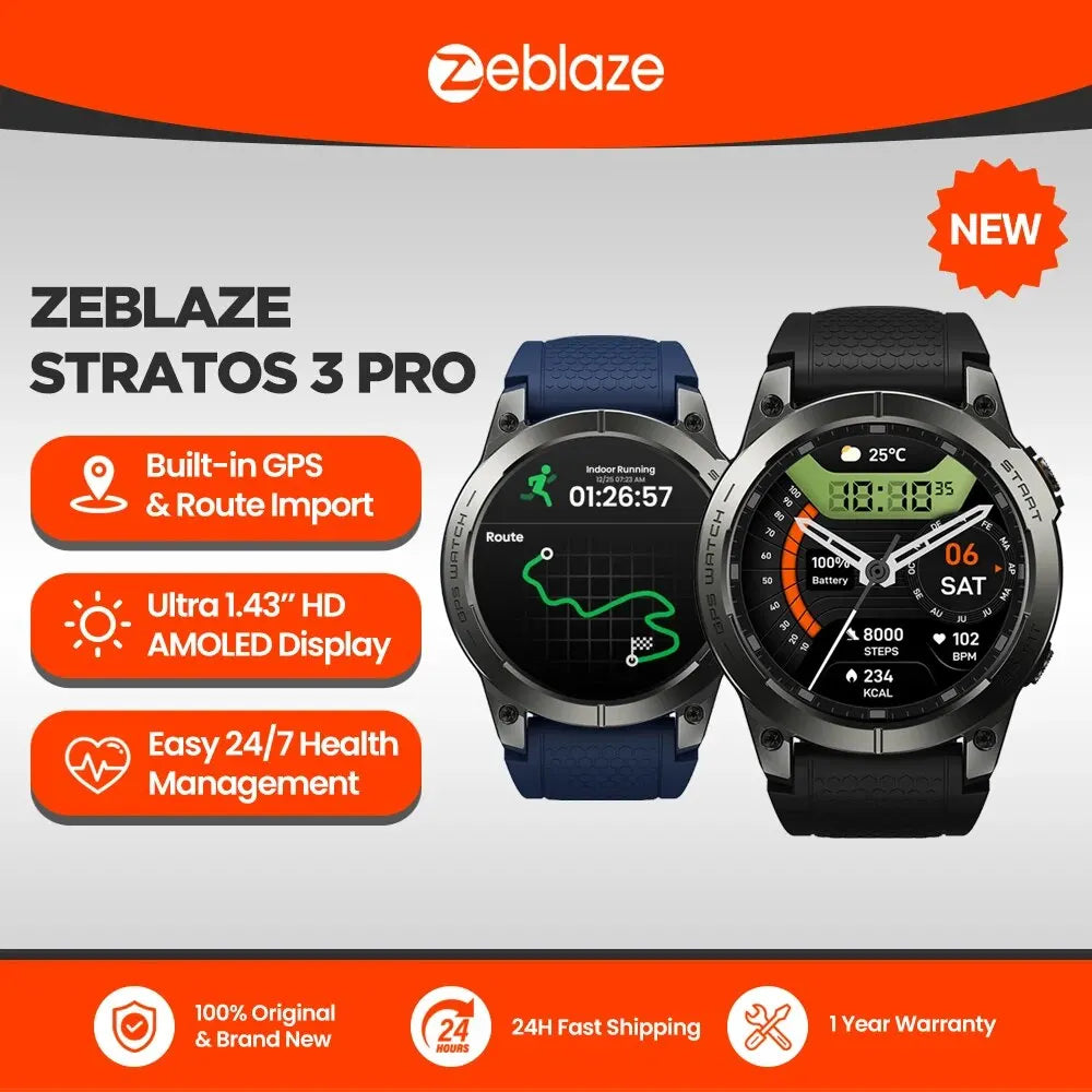 Zeblaze Stratos 3 Pro GPS Smartwatch – 1.43” AMOLED, 100+ Sports Modes, Heart Rate & Sleep Tracking