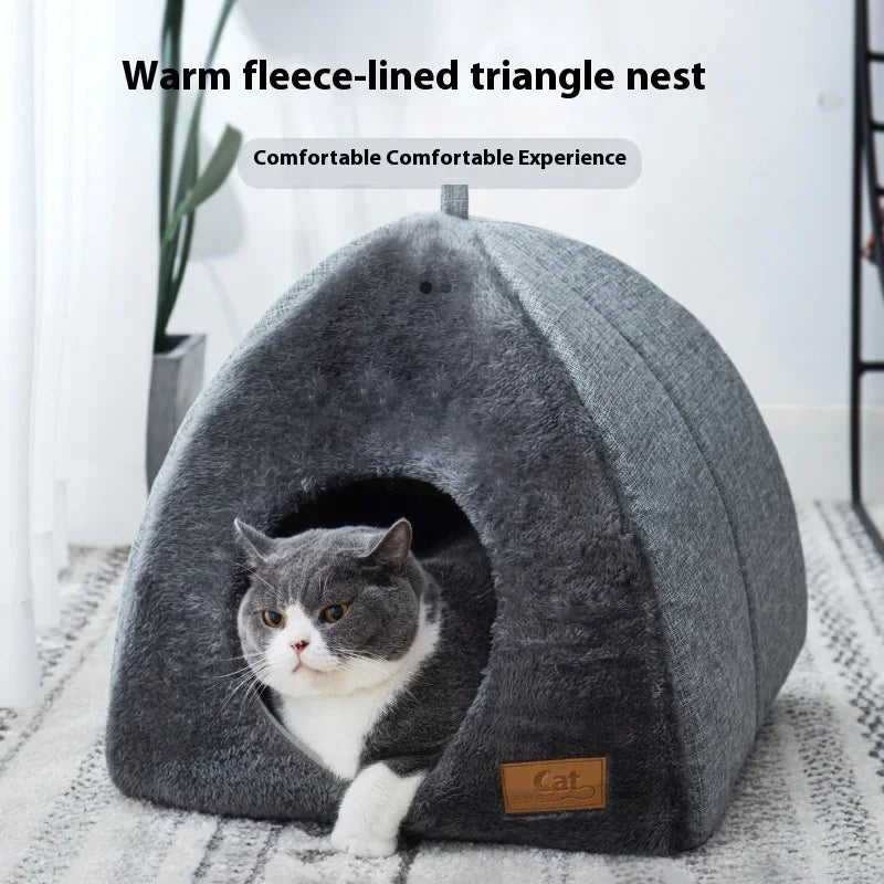 Cozy Triangle Cat House - Warm Enclosed Pet Bed with Thickened Velvet