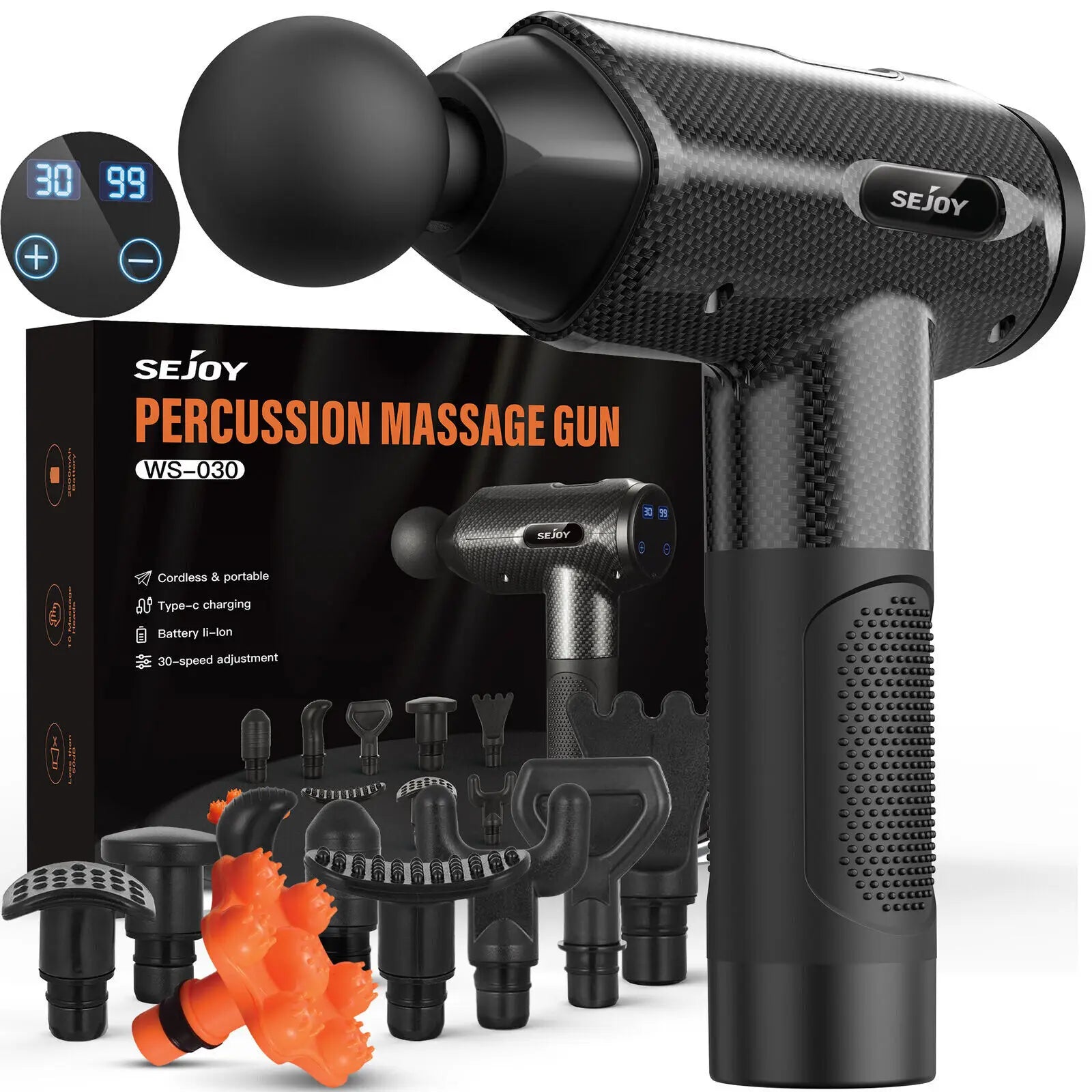 Sejoy 30 speeds Massage Gun Deep Tissue Massage Gun with 30 Speeds, LCD Display & 10 Heads for Full Body Reliefercussion Massager Fascia Gun Deep Tissue Muscle Vibrating Relax