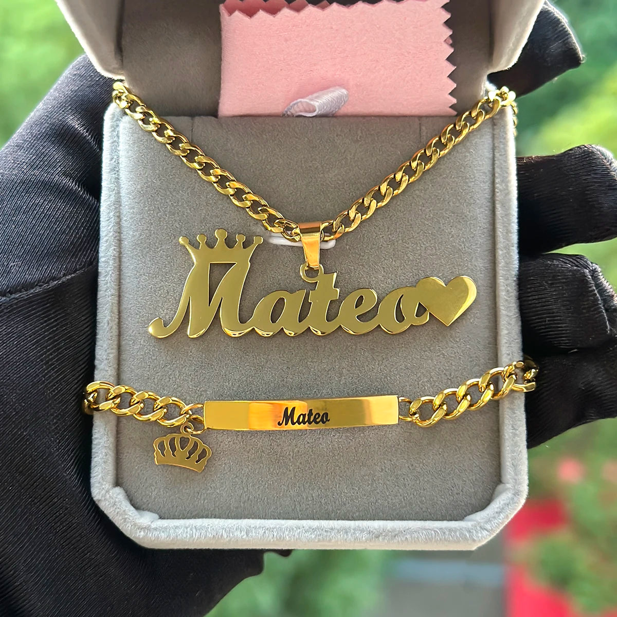 Custom Crown Name Jewelry Set - Personalized Stainless Steel Necklace & Bracelet Gift