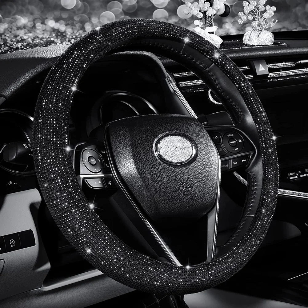 Sparkling Rhinestone Steering Wheel Cover - Non-Slip, Flannelette Interior, Universal Fit (37-38cm)